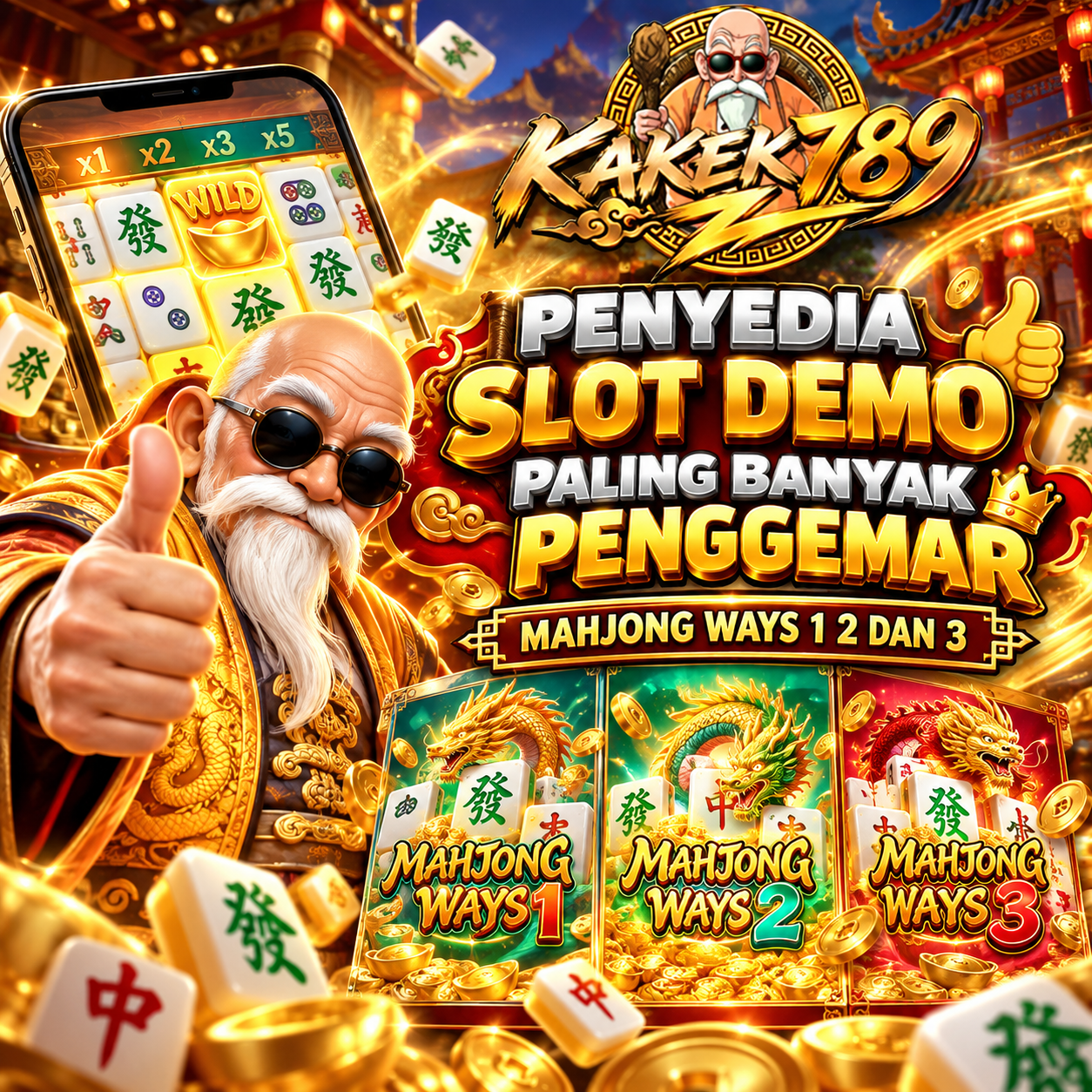Poster KAKEK789 demo slot PG Soft Mahjong Ways 1, 2, dan 3